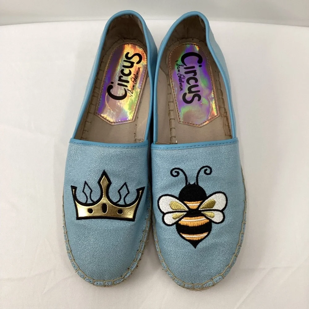 Sam Edelman Circus Light Blue Espadrille Flats with Bee & Gold Crown
